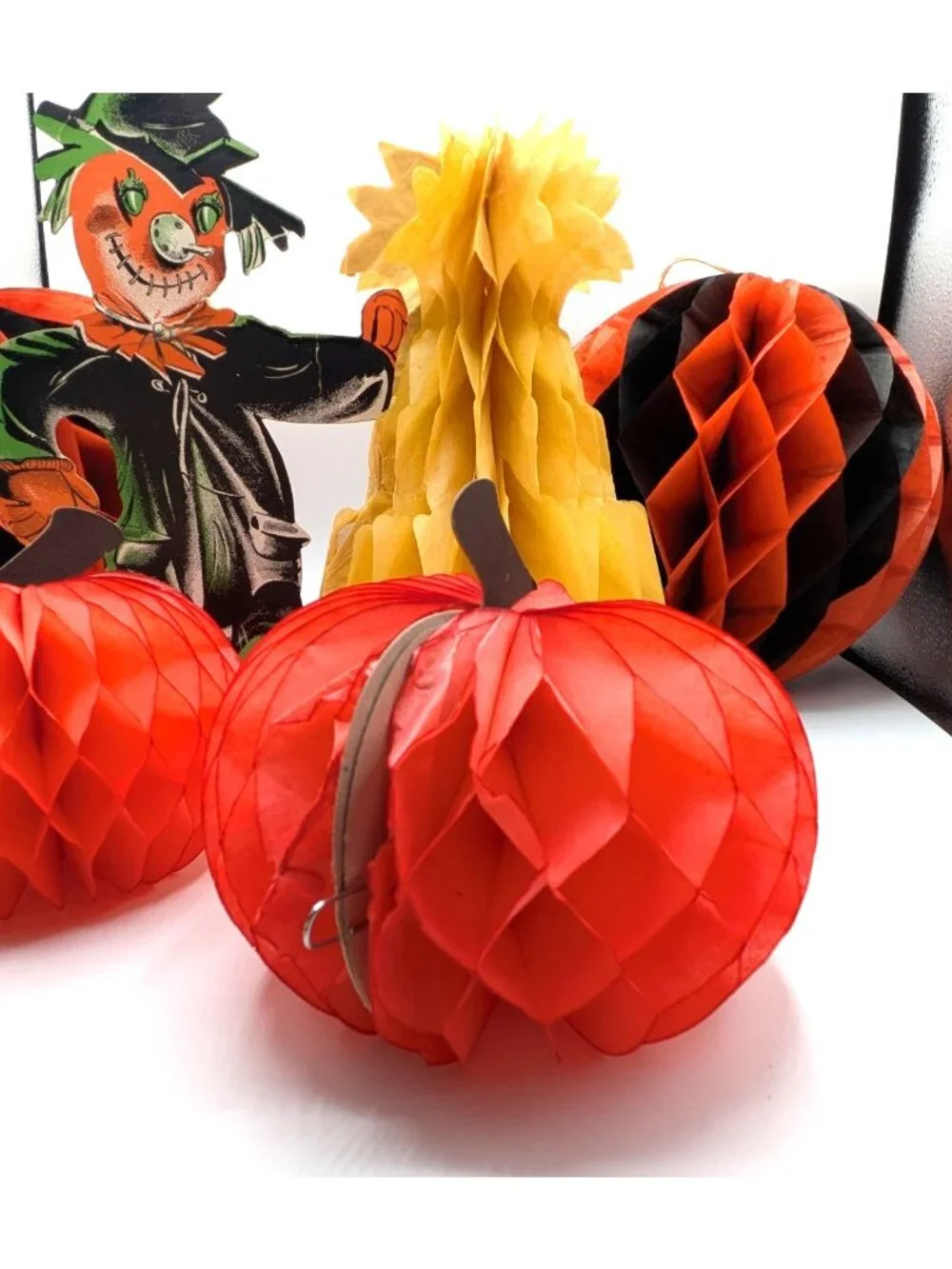Vintage Cardboard Die Cut Scarecrow Honeycomb Pumpkin Decoration Lot Halloween